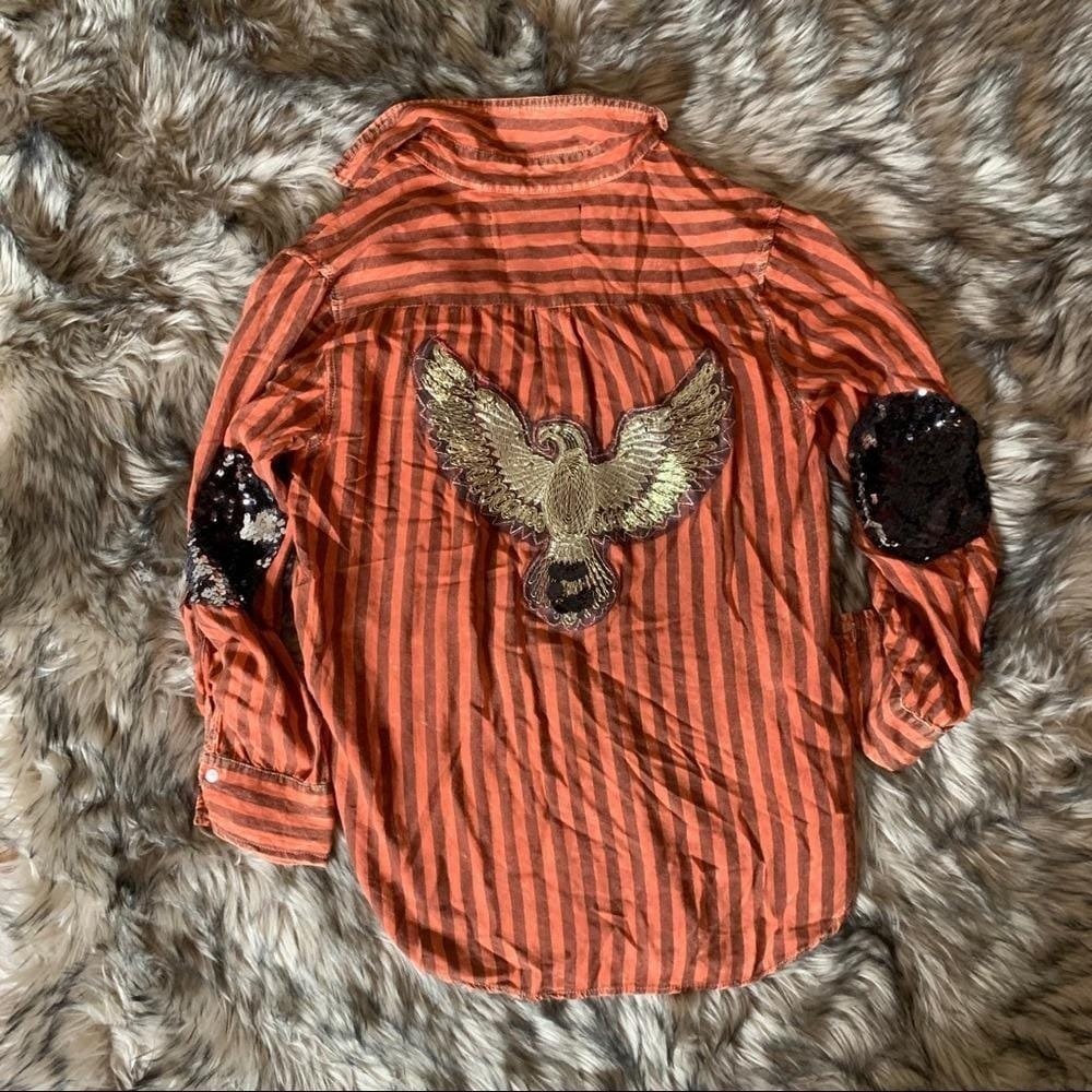 Libby Story Striped Button Down Shirt Women M‎ Orange Skull Eagle Sequin Top